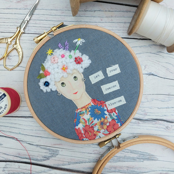 Let your dreams blossom hoop art. Whimsical textile art