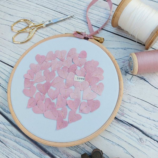 'Love' hoop art. Upcycled textile art - BoxRoomBazaar