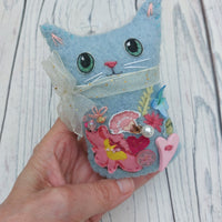 Quirky Blue cat and felt heart