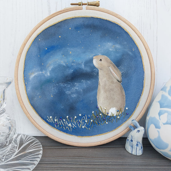 Star gazing rabbit - starry skies hoop art