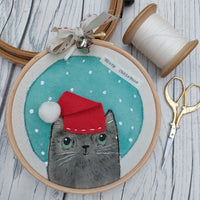 Meowy Christmas- colourful Christmas Cat hoop art - Christmas Decor