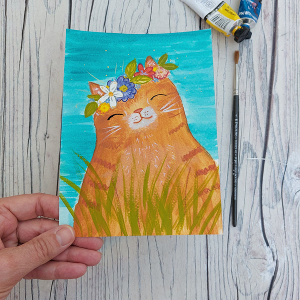 Original cat painting - flower crown cat