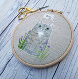 Hand painted, textile cat portrait with embroidered flowers. 5" personalised cat portrait