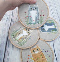 Hand painted, textile cat portrait with embroidered flowers. 5" personalised cat portrait
