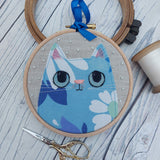 Blue cat - vintage fabric cat art