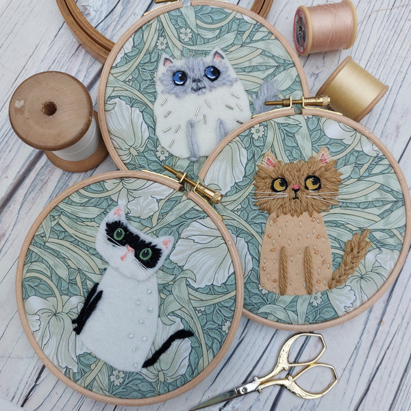 Fabric Felines. Felt and embroidery cat art.