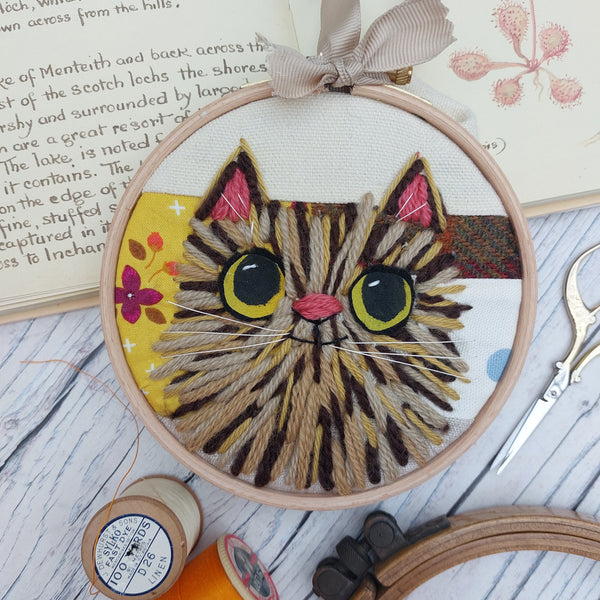 Woolly cat art -patchwork  fabric wall decor in autumn tones