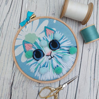 Pom pom Cat - blue cat hoop art