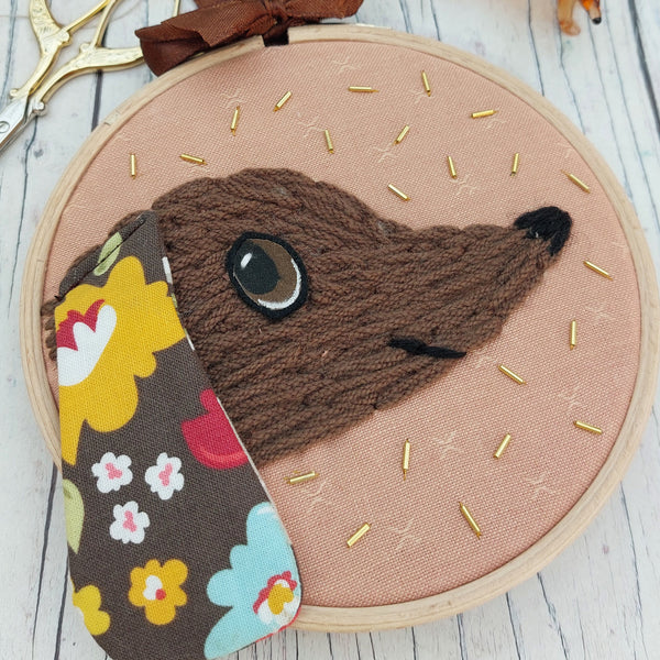 Sausage dog art. Textile Dachshund hoop art