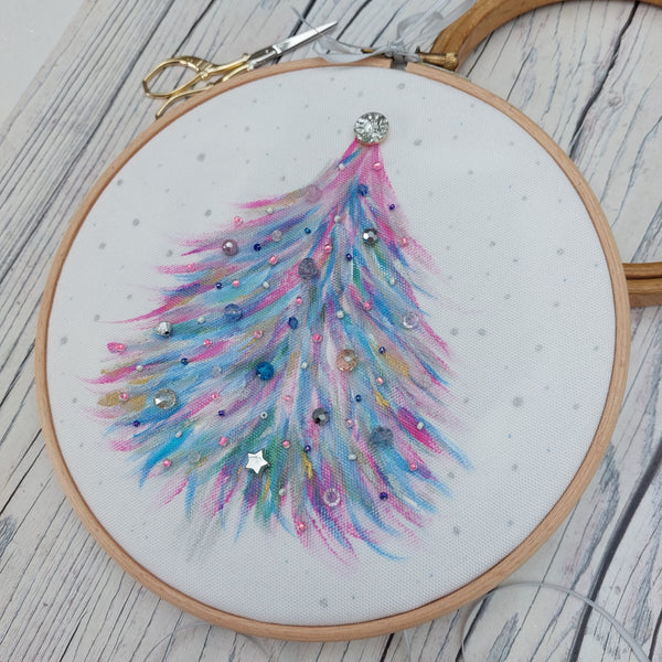 Pink & Blue Christmas tree hoop art