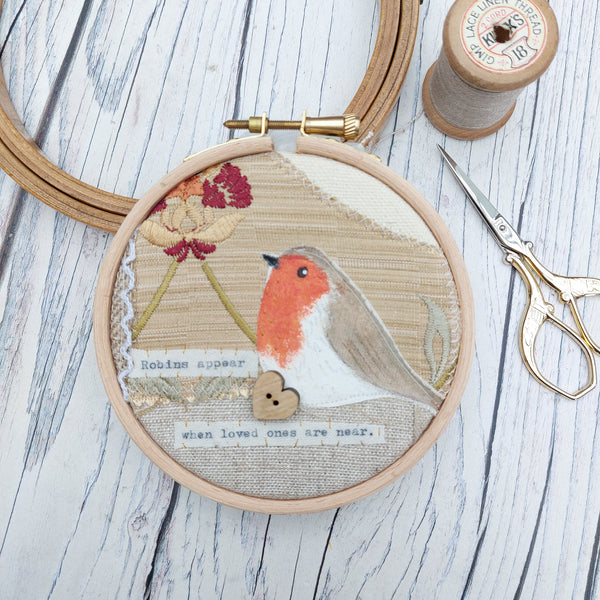 Robins appear when loved ones are near. Robin 4" hoop art