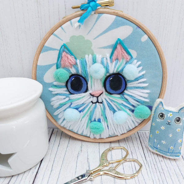 Pom pom Cat - blue cat hoop art