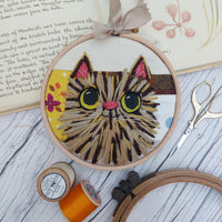 Woolly cat art -patchwork  fabric wall decor in autumn tones