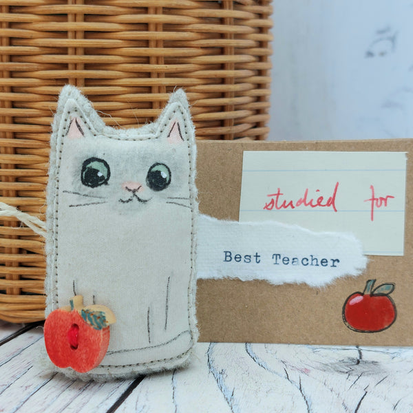 A small fabric cat that has been hand painted. It has a small wooden apple shaped button sewn onto it. Thre is also a gift Tag that has the words ‘best teacher’ typed onto it.