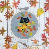 Autumn Cat Hoop. Fluffy Black Cat art