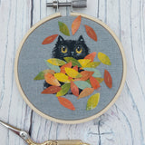 Autumn Cat Hoop. Fluffy Black Cat art