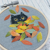Autumn Cat Hoop. Fluffy Black Cat art