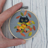 Autumn Cat Hoop. Fluffy Black Cat art
