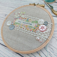 Stop Scrolling hoop art - vintage fabric 4” hoop art