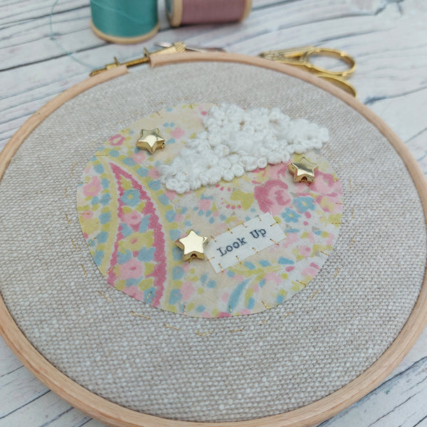 ‘Look Up’ hoop art, pretty vintage fabric 5” hoop art