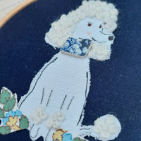 Poodle textile art. Blue and white poodle art.