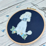 Poodle textile art. Blue and white poodle art.