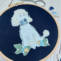 Poodle textile art. Blue and white poodle art.