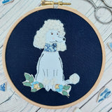 Poodle textile art. Blue and white poodle art.