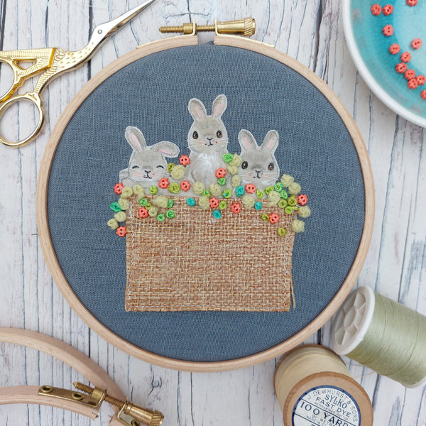 Cute Bunny Hoop Art. Bunnies in a Basket Textile Art. Easter Gift