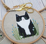 Hand painted, textile cat portrait with embroidered flowers. 5" personalised cat portrait