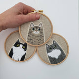 hand painted cat portraits framed in 4" embroidery hoop